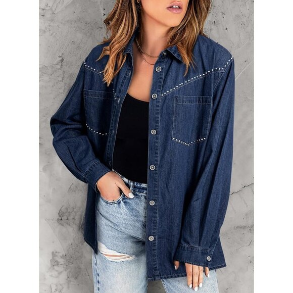 Women's Denim Shirt Long Sleeve Button Down V Neck Denim Jacket Navy Blue - Picture 3 of 5
